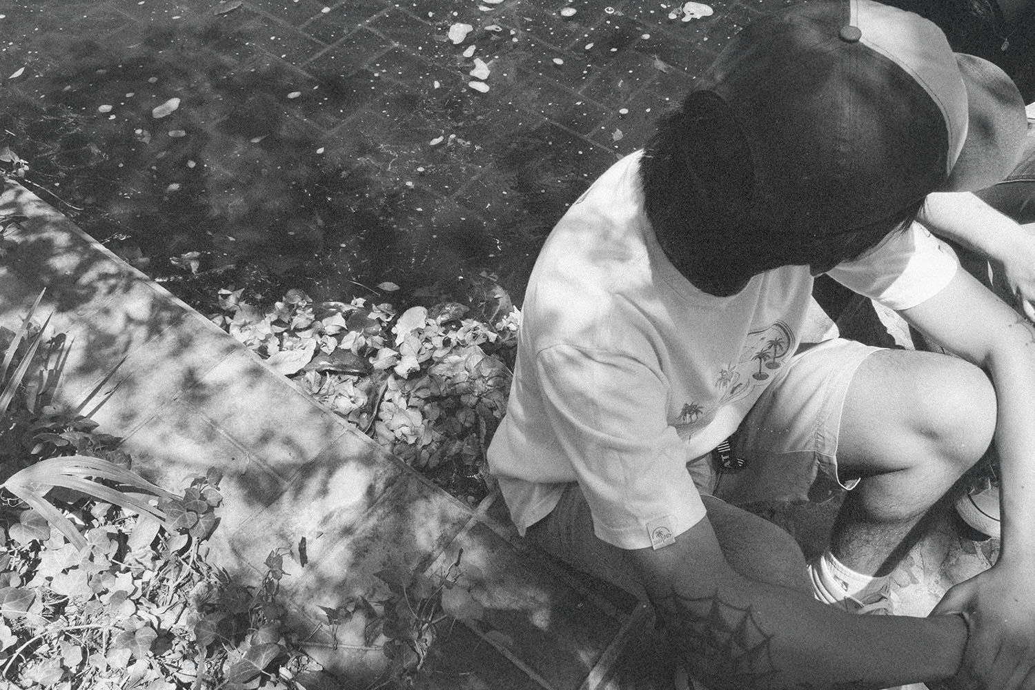 Black‑and‑white photo of a person sitting on outdoor steps in dappled sunlight, with fallen leaves scattered around