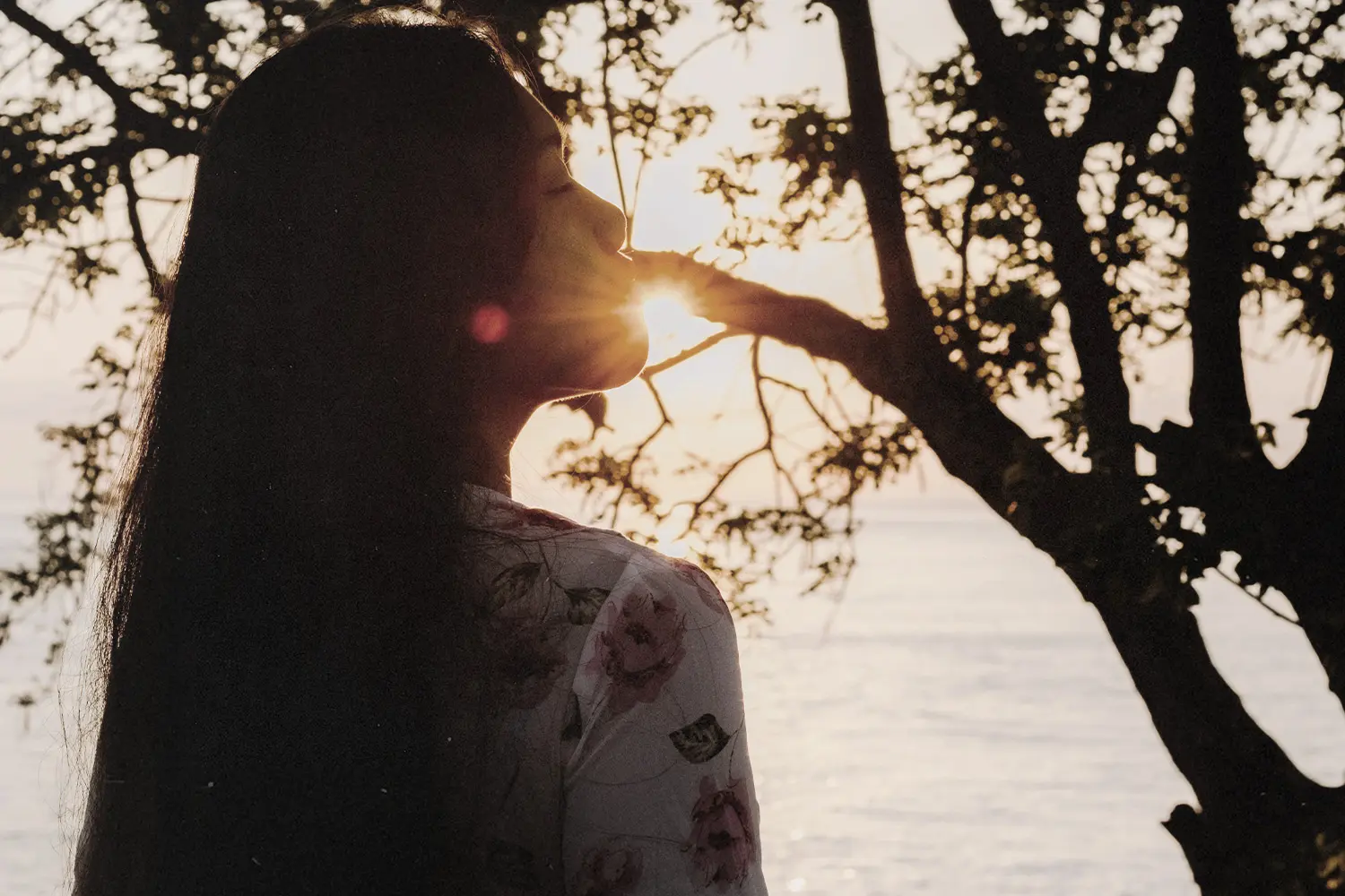 Silhouetted person standing by trees at sunrise, eyes closed as warm light shines through branches, creating a peaceful, reflective moment by the water.