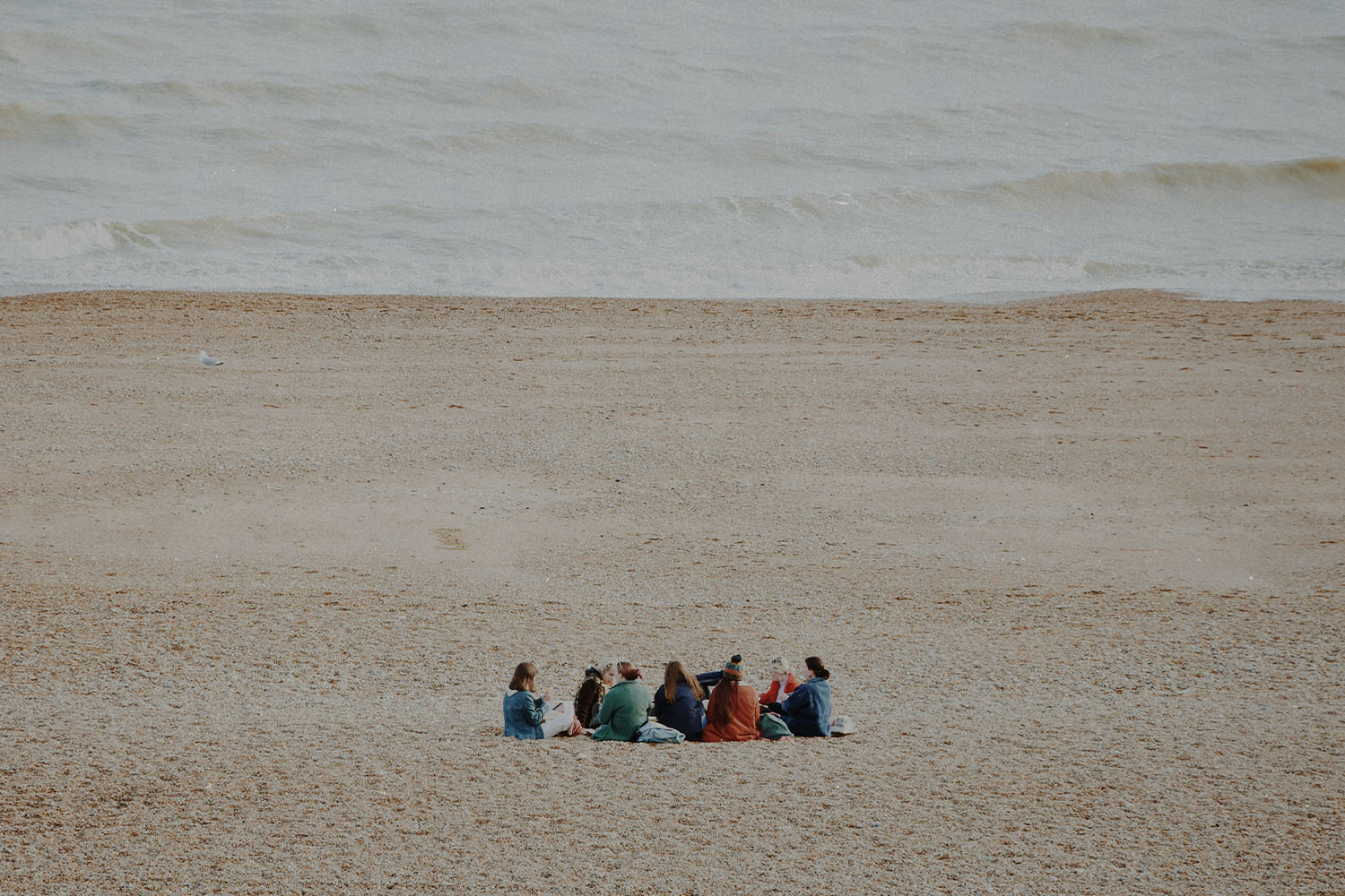 Friends gathered in a circle on a sandy beach near gentle ocean waves