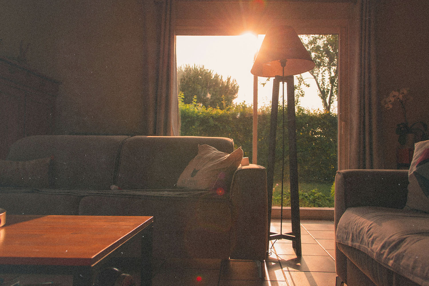 Warm sunlight streams through a large window into a cozy living room with sofas and a floor lamp