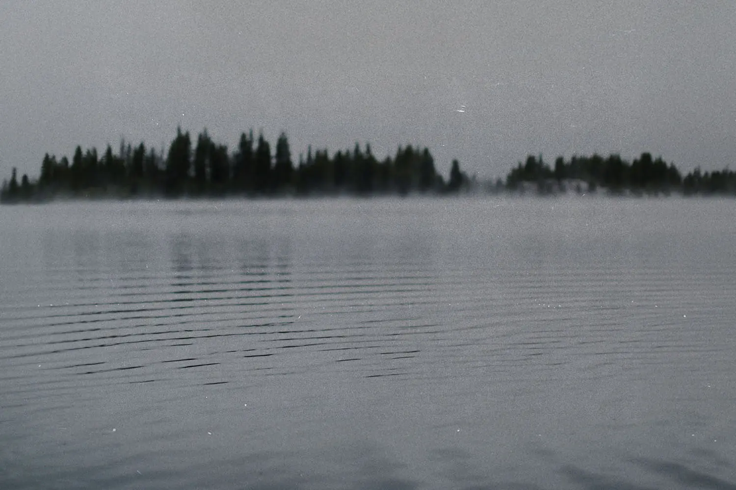 A small, mist-covered island lined with tall trees appears in the distance across a calm lake, with soft ripples moving across the water under a gray sky