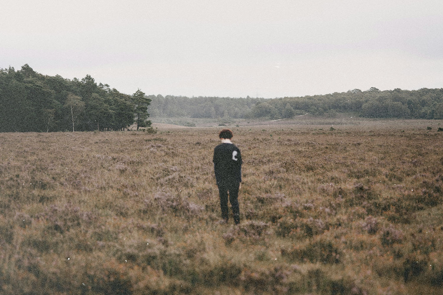 Person standing alone in a wide, grassy field bordered by distant trees under an overcast sky