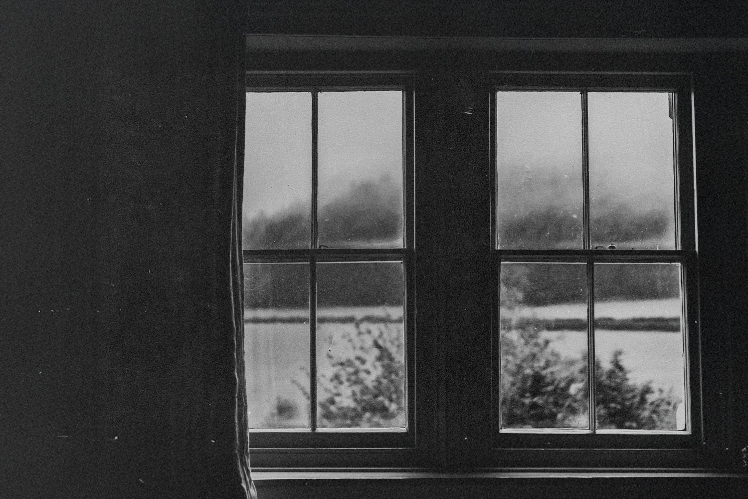 Black‑and‑white view through a window looking out at trees and distant landscape