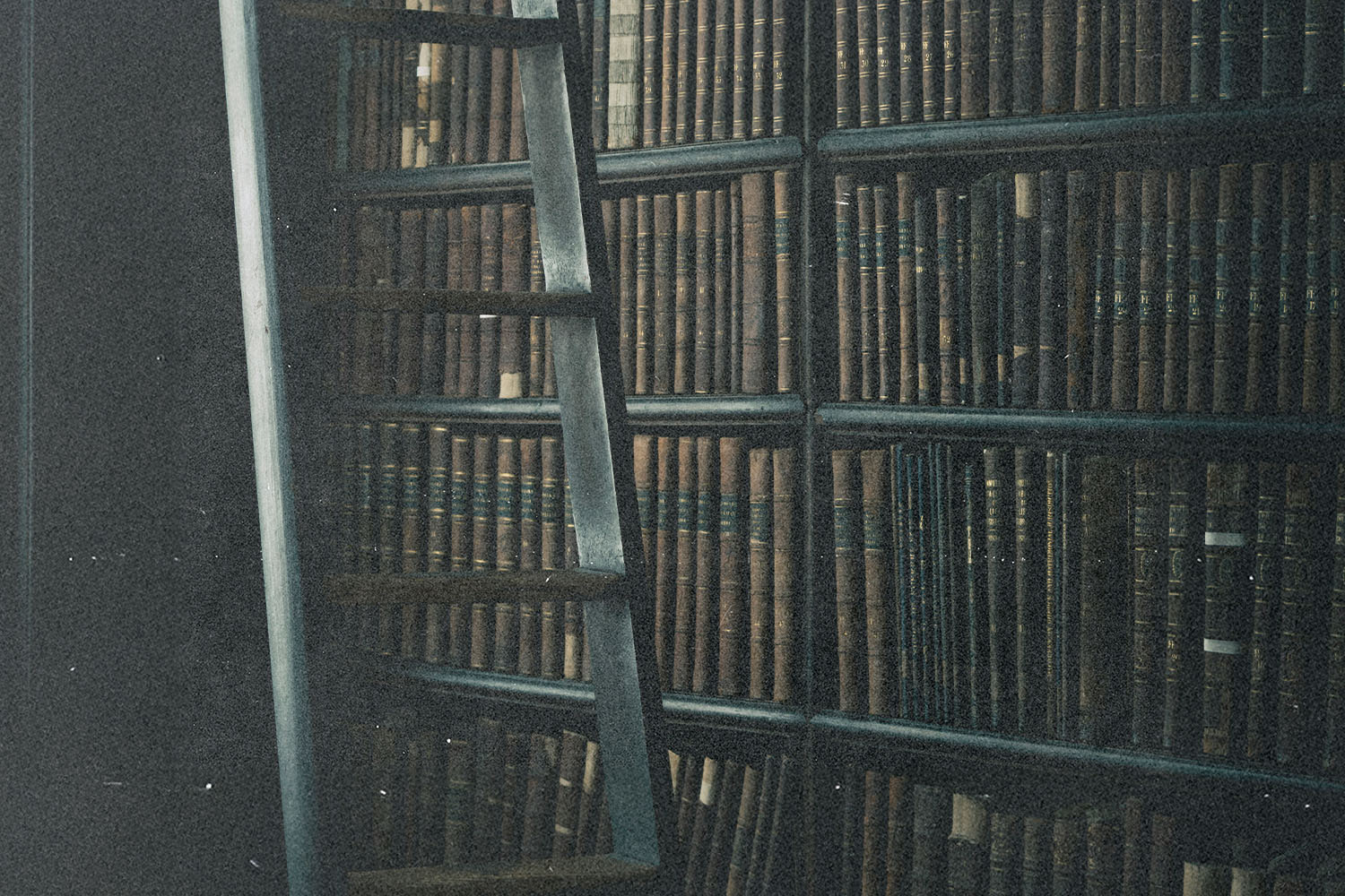 Tall wooden ladder leaning against floor‑to‑ceiling bookshelves filled with old books