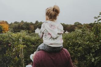 A child sits on an adult’s shoulders while looking out over a lush orchard on an overcast day
