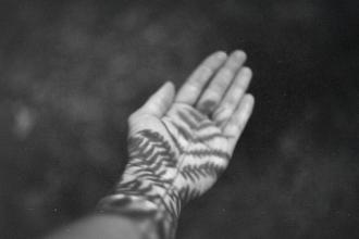 An outstretched hand is covered in dappled shadows resembling leaves or branches