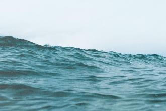A gentle ocean wave rolls forward beneath a pale, hazy sky
