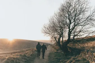 Two people walk along a dirt path through an open countryside at sunset, with a bare tree on one side