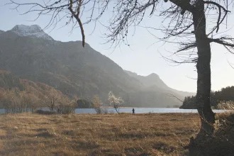 Wide landscape of a grassy field beside a lake with tall mountains in the background and a person standing near the shoreline