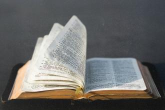 Open Bible with pages flipping in the breeze against a dark background