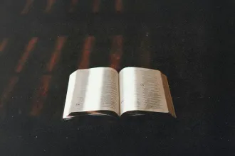 Open Bible illuminated by soft light on a dark wooden surface