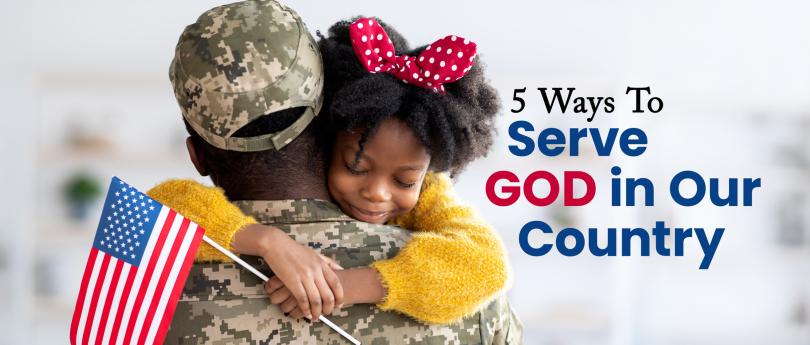 Daughter hugging her military dad holding an American flag, with a blurred background and blog title to the right, symbolizing love, patriotism, and family reunion.