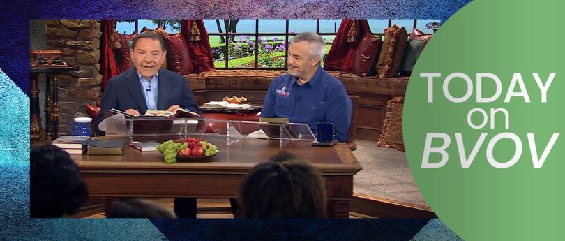 Kenneth Copeland and Rick Green in studio behind a desk with fruit