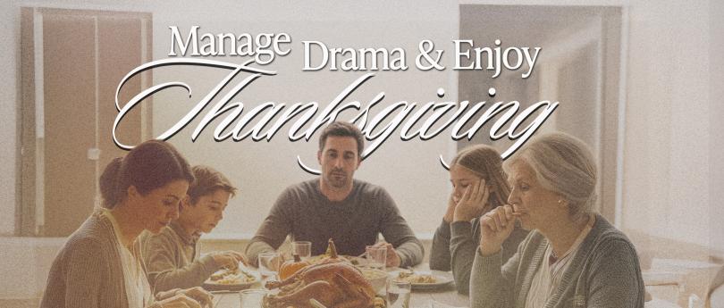 Dining table set with turkey and sides as relatives gather, a moment that reflects classic Family Drama during festive meals.