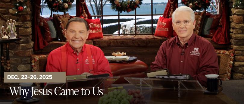 Kenneth Copeland and Greg Stephens in studio teaching Why Jesus Came to Us