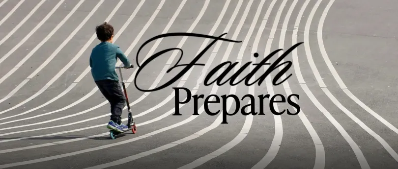 A child on a scooter moves forward on patterned lines, reflecting faith’s role in helping us prepare for the future with purpose and direction.