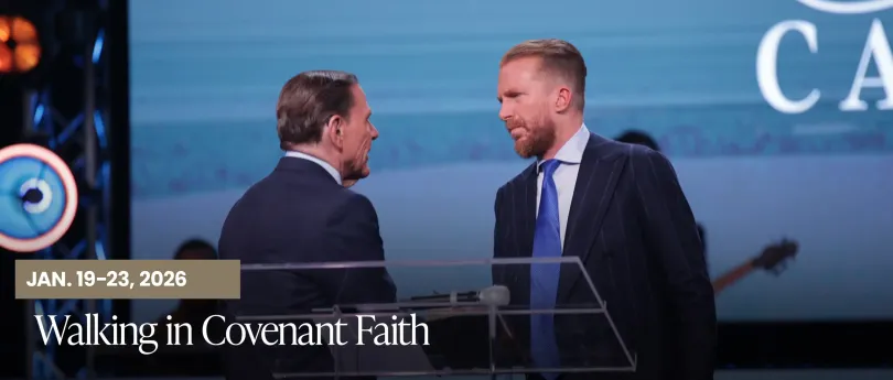 Kenneth Copeland and Jonathan Shuttlesworth onstage at the Omaha Victory Campaign